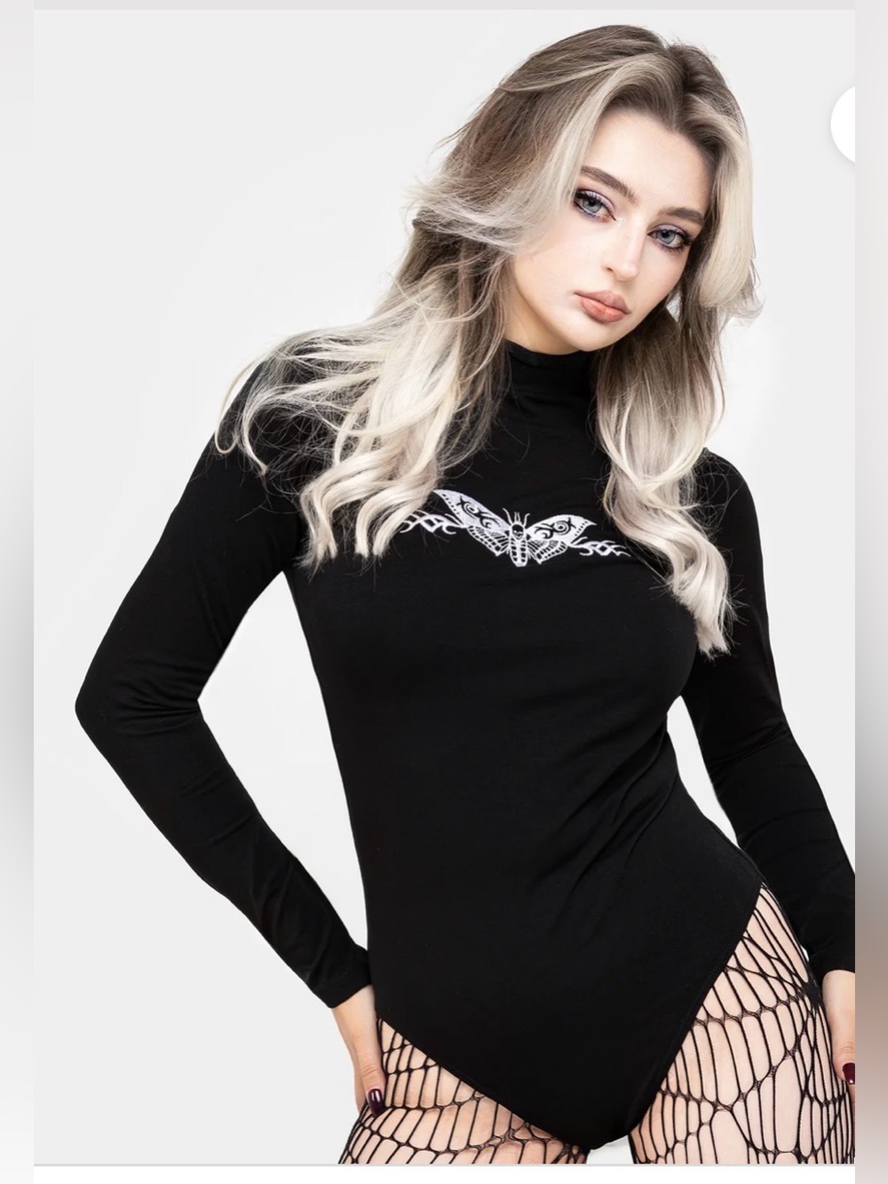 Disturbia Black Moth Embroidered Long Sleeve Turtleneck Bodysuit Size US 2 NWT